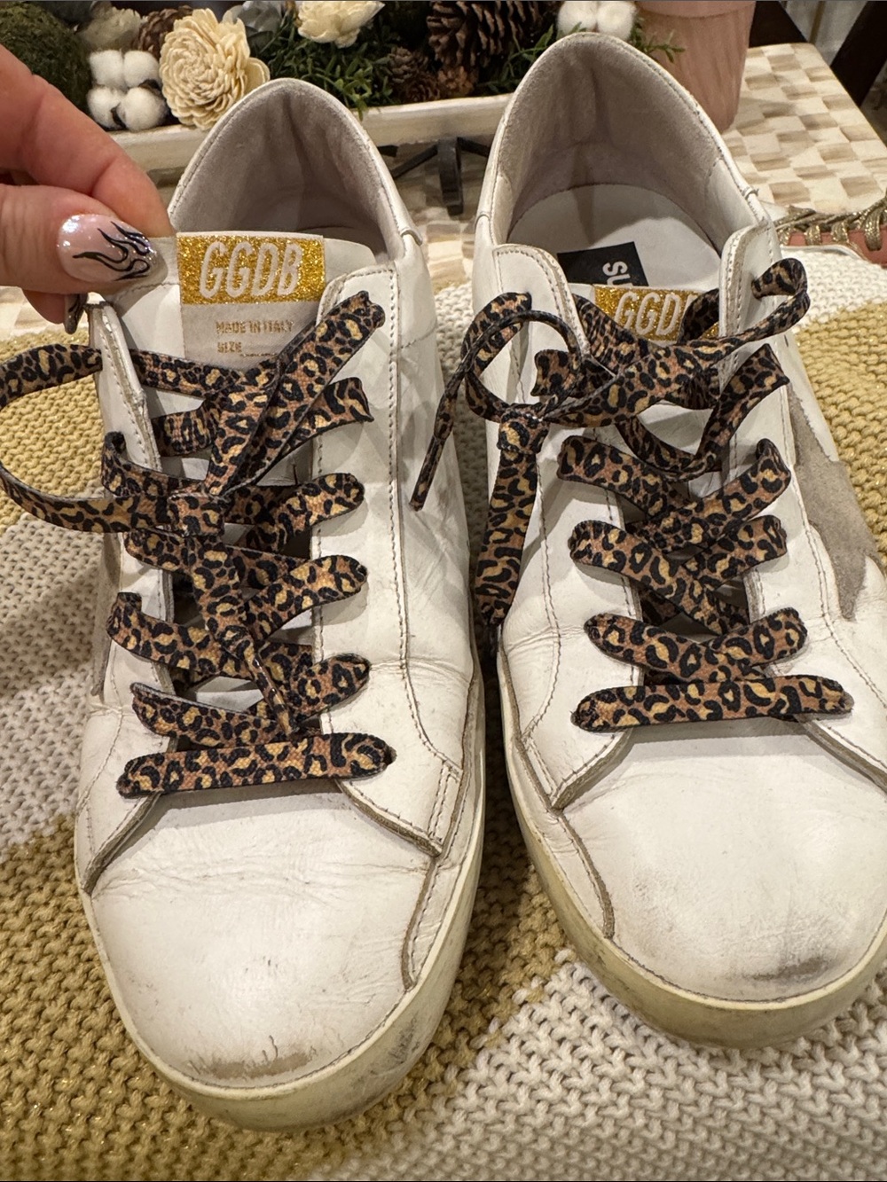 Golden goose private edt White Leather Sneakers with Leopard Print Laces